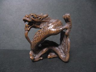 Real Japanese Netsuke Oriental Dragon Stand Carved & Signed By Gyokuseki Edo Era photo