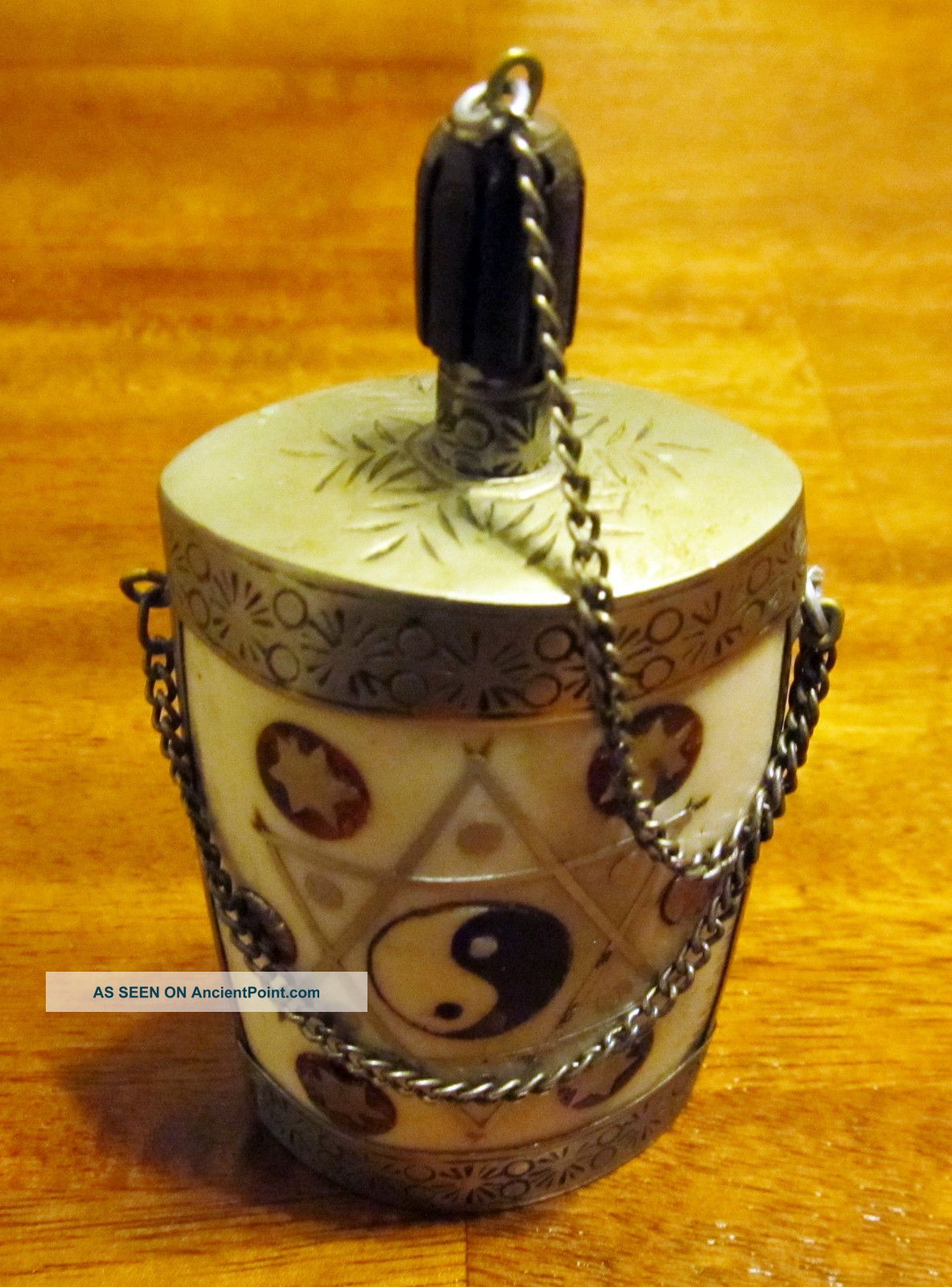 Antique Yin & Yan Bone And Silver Chained Snuff Bottle With Spoon Snuff Bottles photo