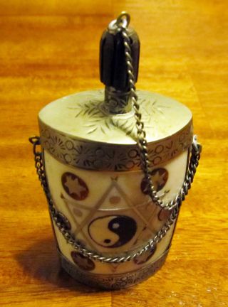 Antique Yin & Yan Bone And Silver Chained Snuff Bottle With Spoon photo