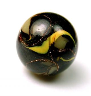 Antique Glass Ball Button Mocha W/ Swirled Yellow & Gold Sparkle On Black photo