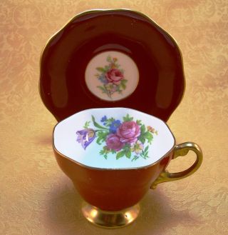 Foley Eb – Red Cup & Saucer,  Flowers Inside,  Gold Trimmed,  3007 Made In England photo