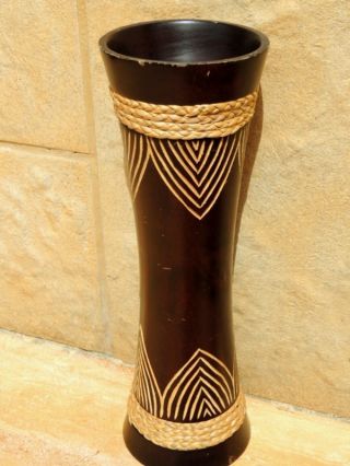 Art Vintage Old Wooden Wood Hand Carved Decorative Tall Flower Rose Vase 12 Inch photo