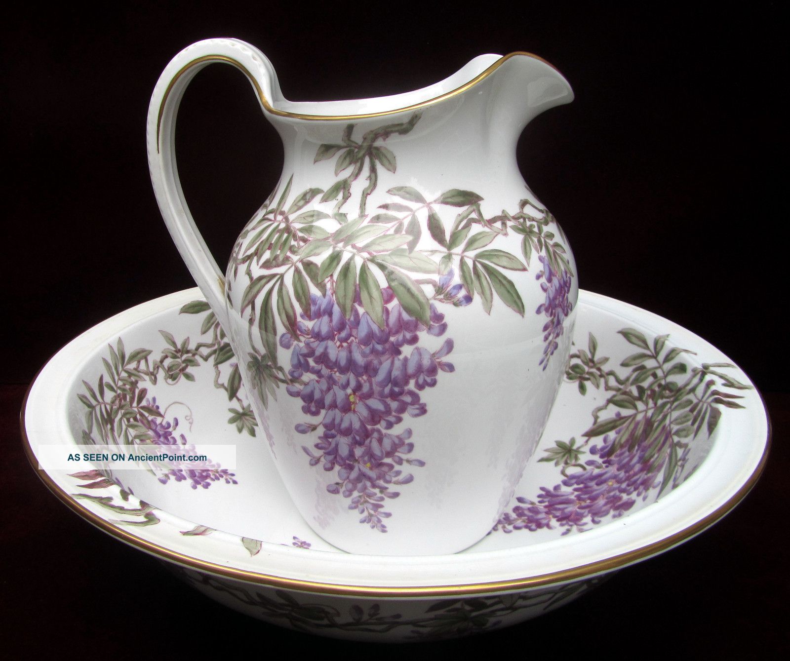 Large Vintage Wash Bowl & Pitcher Wisteria Copeland’s Hampton & Sons London Pitchers photo
