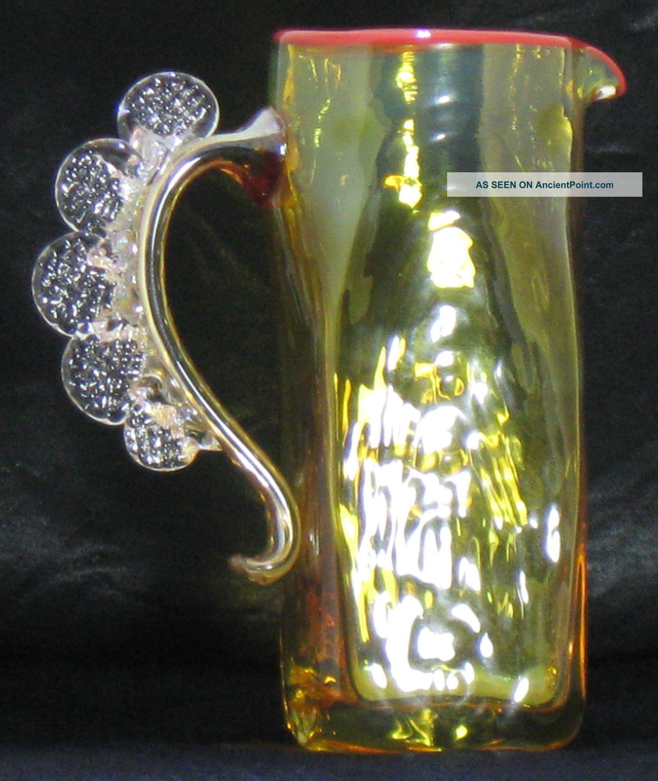 Textured Art Glass Amber Colored Pitcher Jug Painted Red Rim Rigaree Handle Jugs photo