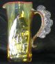 Textured Art Glass Amber Colored Pitcher Jug Painted Red Rim Rigaree Handle Jugs photo 2