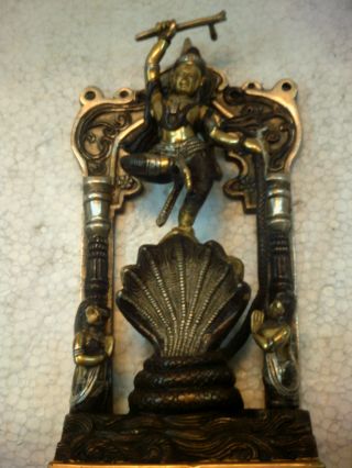 Vintage Statue Of Hindu God Krishna On Kaalia Naag (the Big Cobra) Brass Vintage photo