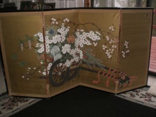 Japanese Byobu Gold Leaf Folding Screen Flower Cart photo