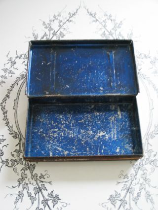 Antique Hinged Tin Box Marked H S R With Belt Slide Gorgeous Blue Color Inside photo