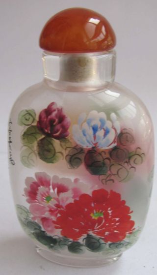 161 Peking Glass Inside Painting Blooming Peony Snuff Bottle&gift Box photo