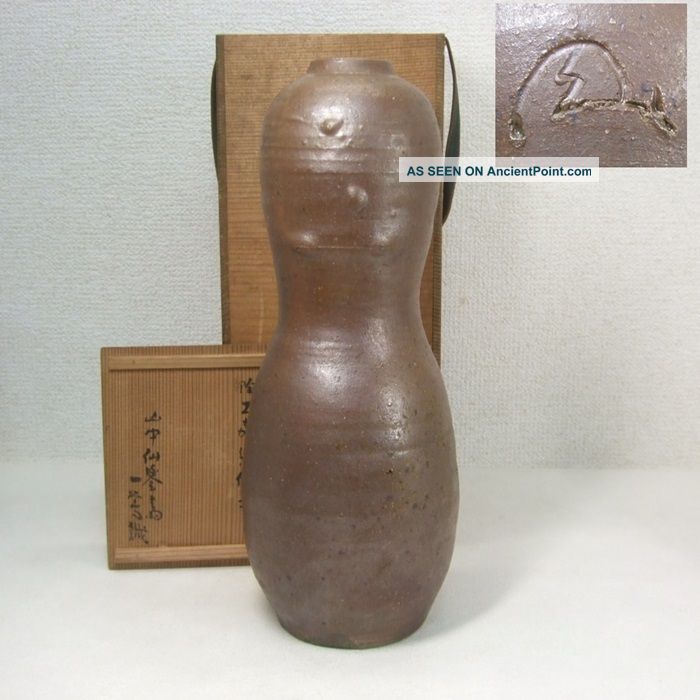 E600: Japanese Old Tanba Pottery Ware Gourd Shape Flowet Vase Which Chokunyu Had Vases photo