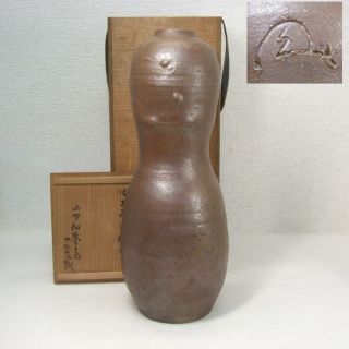 E600: Japanese Old Tanba Pottery Ware Gourd Shape Flowet Vase Which Chokunyu Had photo