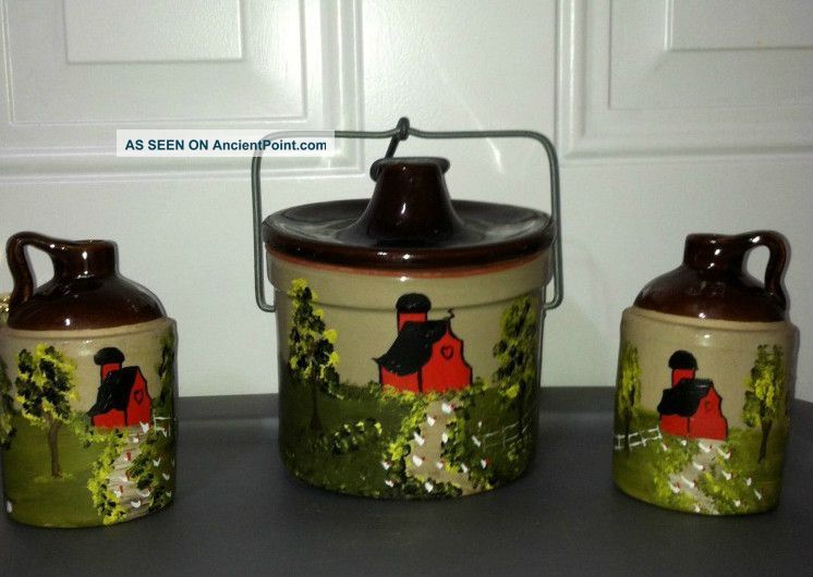Hand Painted Folk Art Stoneware Cheese Crock W/ 2 Jugs (usa Pottery) Primitives photo