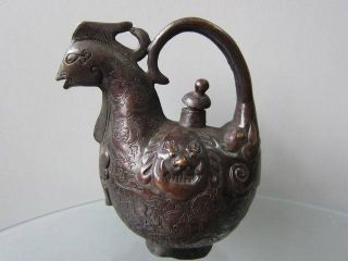 Chinese Bronze Teapot Carven Birds Shape Mouse Spout Lid On Back Old Exquisite photo