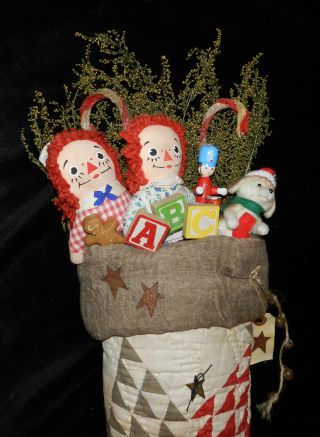 Primitive Antique Cutter Quilt Christmas Stocking W/vintage Toys photo
