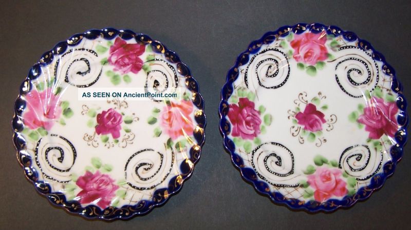 Pair Of Lovely Cobalt And Roses Dishes Japan Plates & Chargers photo