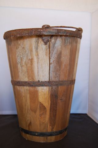 Vintage Antique Wooden Dlb26 Water Country Large Bucket Rustic Pail Farm Apple photo