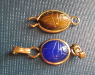 Two Antique Scarabs.  Tiger Eye.  Chrysophase?rare Blue.  Plus Xtra Setting.  Brass/gold photo