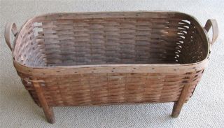 Antique Large Splint Wood Handle Basket W/ Legs Laundry Gathering Utility Basket photo