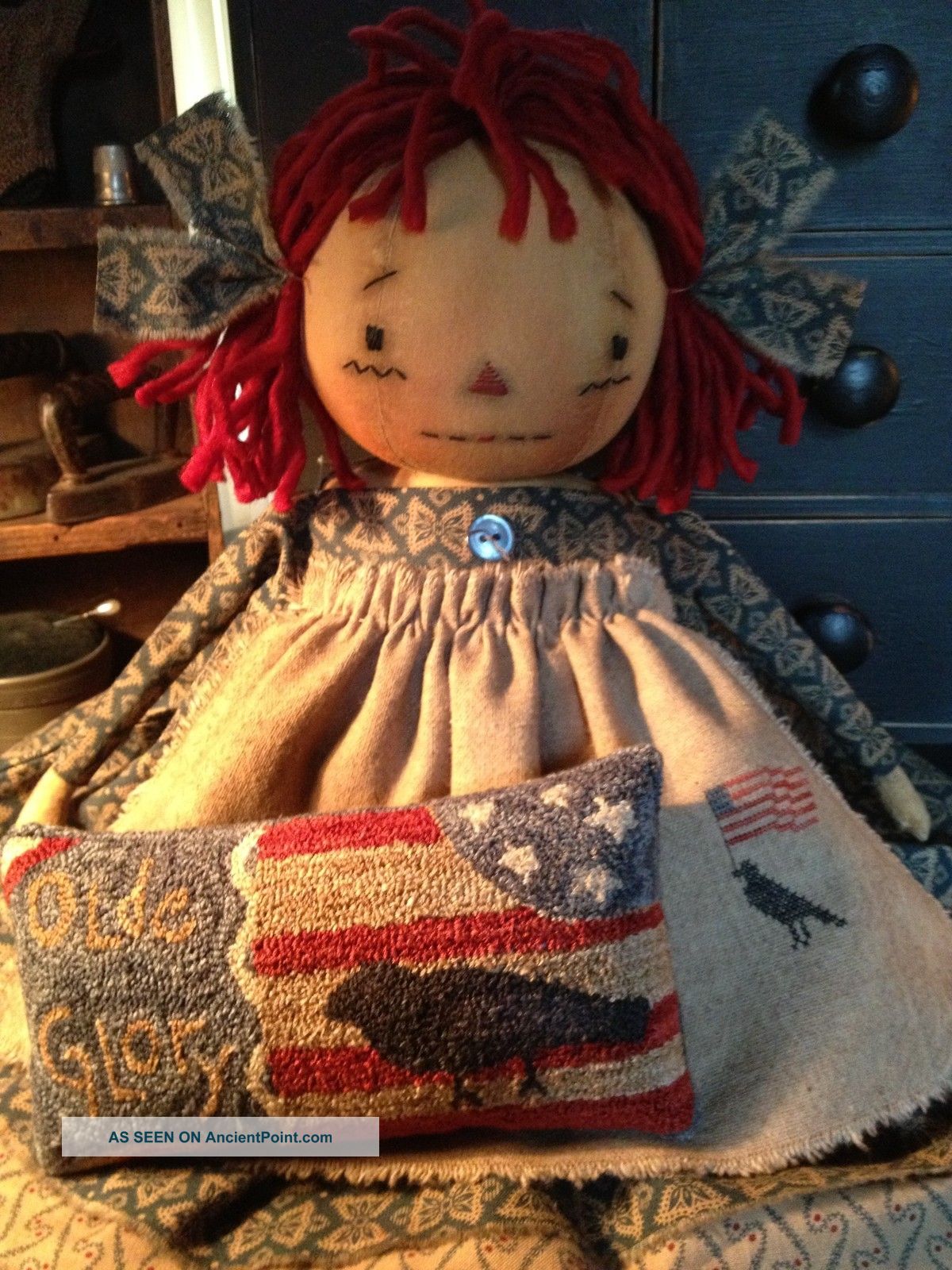 Primitive Raggedy Ann Old Glory Americana Patriotic Crow Punch Needle Pillow Primitives photo