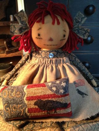 Primitive Raggedy Ann Old Glory Americana Patriotic Crow Punch Needle Pillow photo