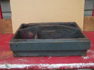 Antique Primitive Wood Tool Box With Handle Saw Slot And Brass Corners photo