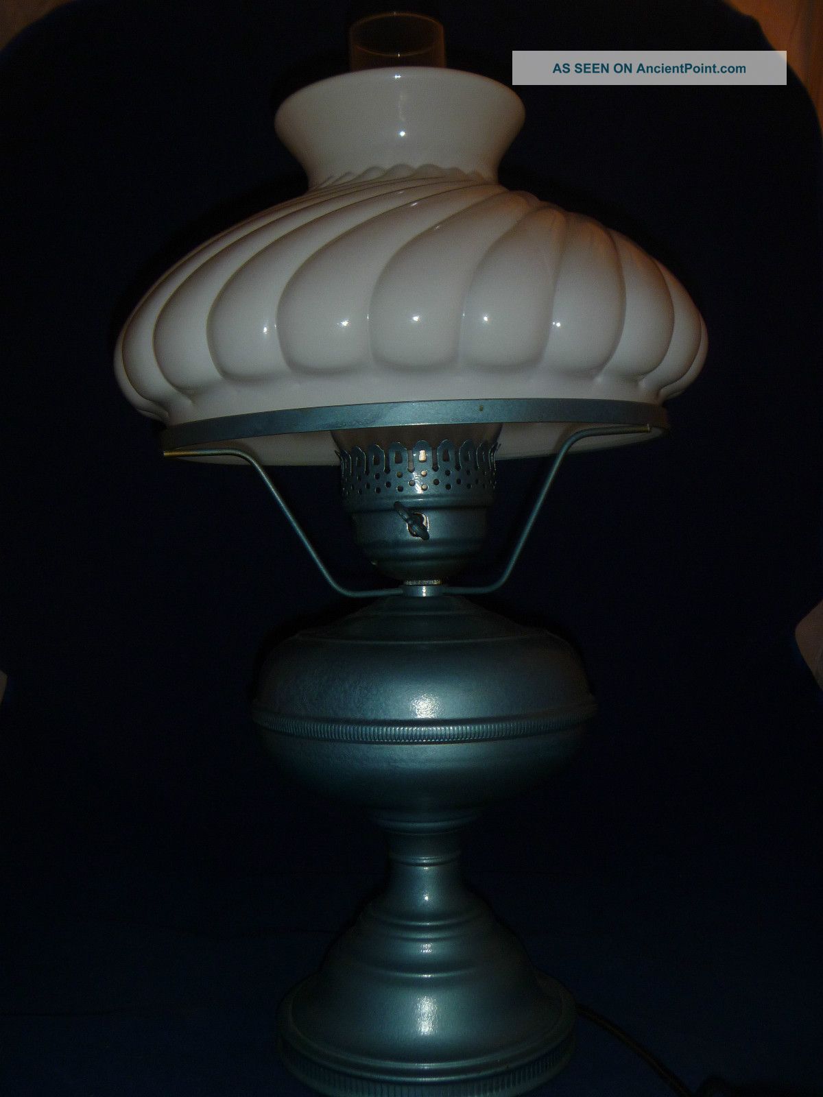 Antique Blue Converted Hurricane Parlor Table Lamp Milk Glass Oil Aladdin Lamps photo