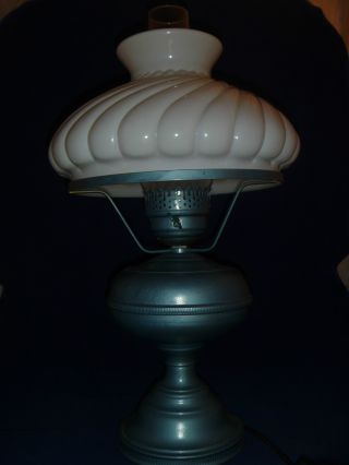 Antique Blue Converted Hurricane Parlor Table Lamp Milk Glass Oil Aladdin photo