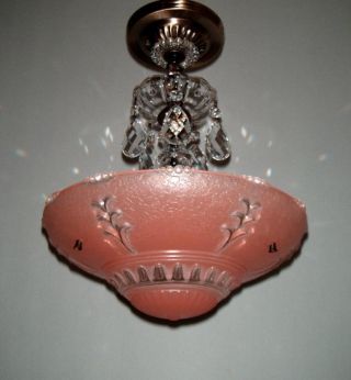 Vintage Art Deco Ceiling Lamp Light Fixture Antique Salmon Pink Shade Chandelier photo