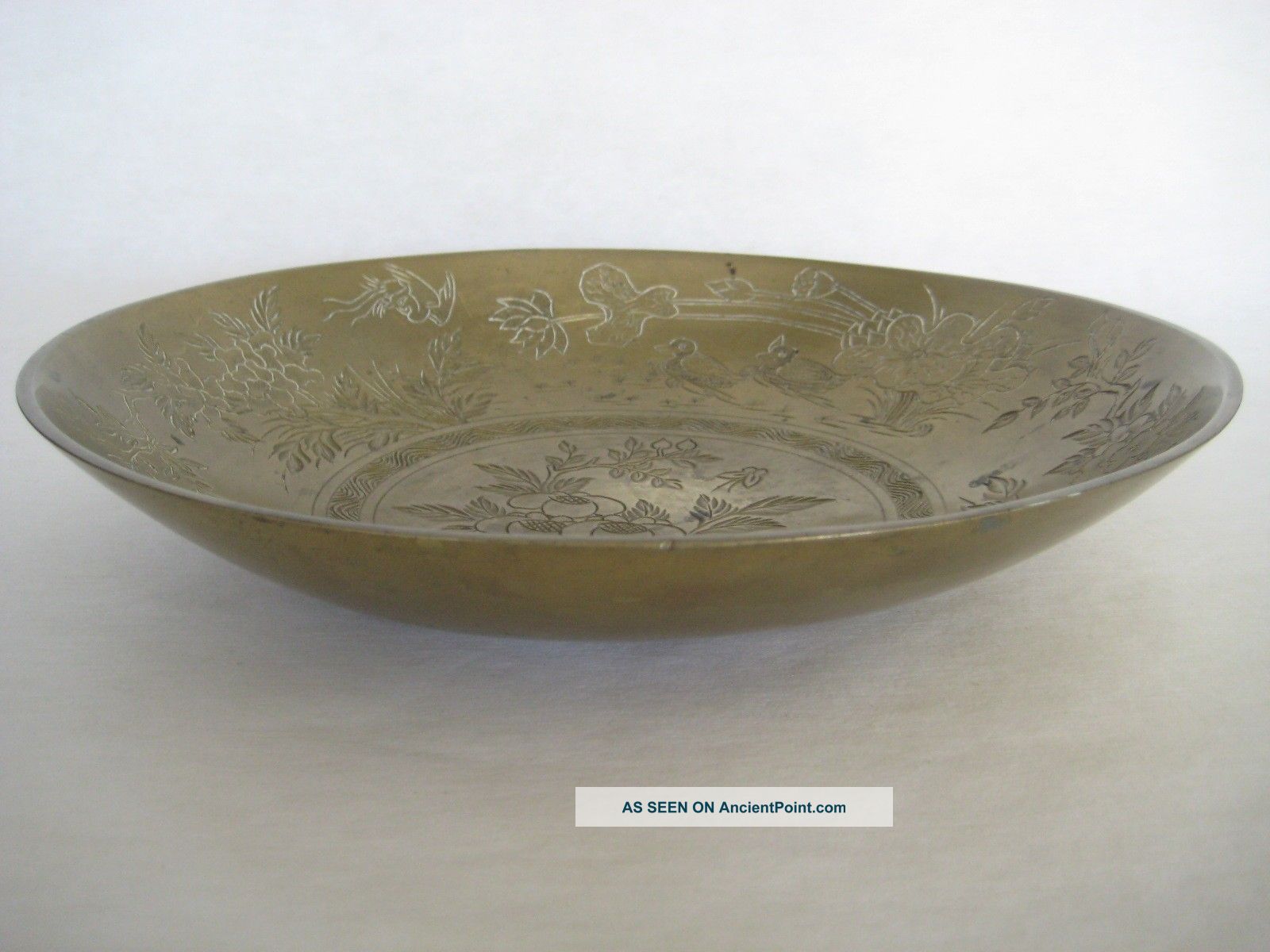 Antique Chinese Large & Heavy Brass Hand Engraved Flowers & Mandarin Duck Bowl Bowls photo