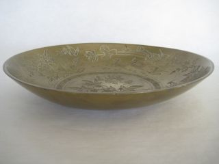 Antique Chinese Large & Heavy Brass Hand Engraved Flowers & Mandarin Duck Bowl photo