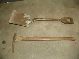 Vintage Wooden D Handle Shovel And Pick photo