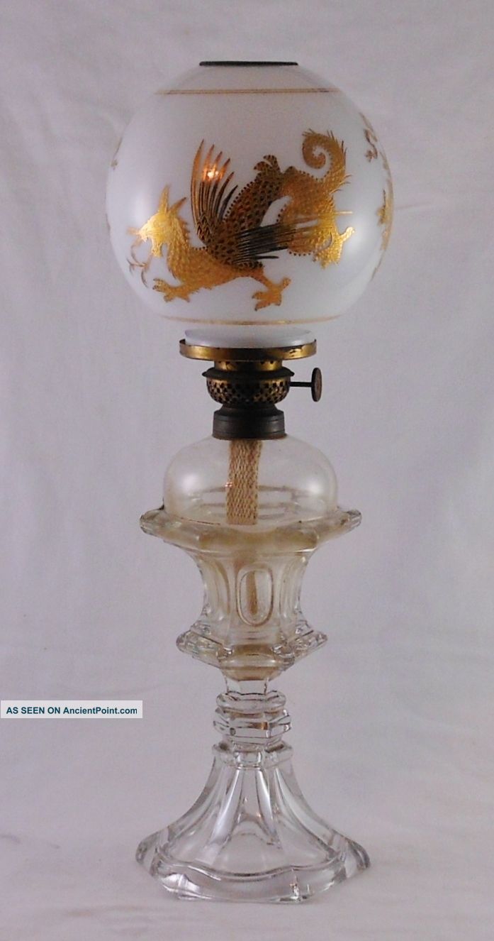 Sandwich Flint Glass,  Whale Oil Fluid Lamp,  Wafer Connection,  Gilt Dragon Shade Primitives photo