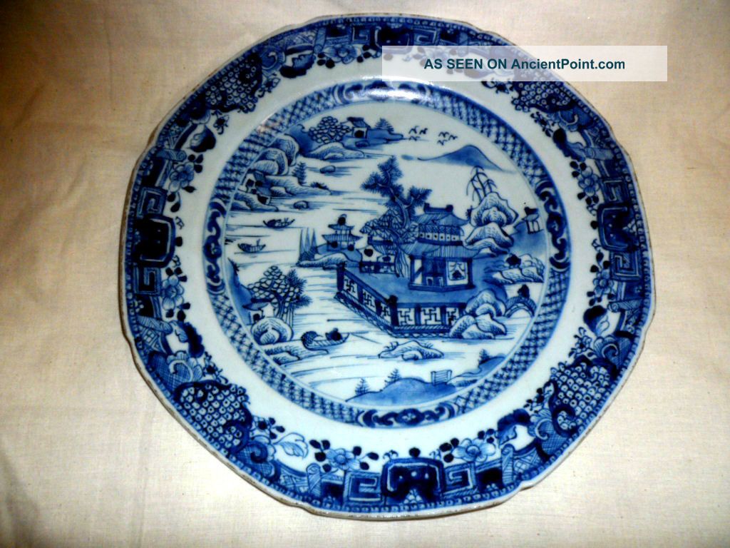 Antique Canton China Plate Chinese 1700s Handpainted Blue/white Import 18th Cent Plates photo