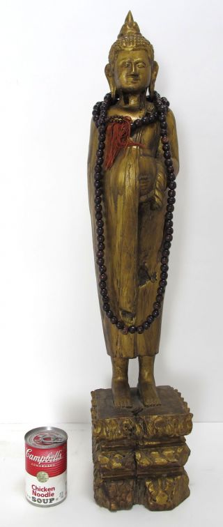1800 ' S Late Khmer Standing Buddha Begging Ascetic Monk Wood Carving Gilt Nr Yqz photo