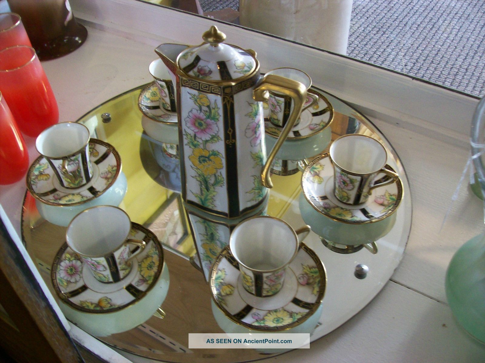 Antique Nippon Chocolate Set Pitcher 6 Cup ' S & Saucers Foral Motif Handpained Victorian photo