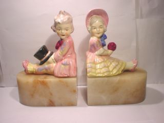 Pair Of Art Deco Ceramic Figure Bookends On Onyx/marble? Bases photo