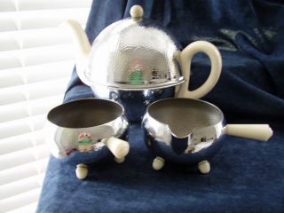 Vintage Art Deco Pottery & Hammered Chrome Everhot Tea Set Teapot Jug & Bowl photo