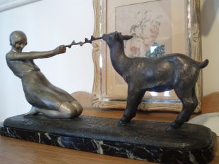 A Large Signed French Spelter Girl And Goat By Janle,  On A Marble Base photo