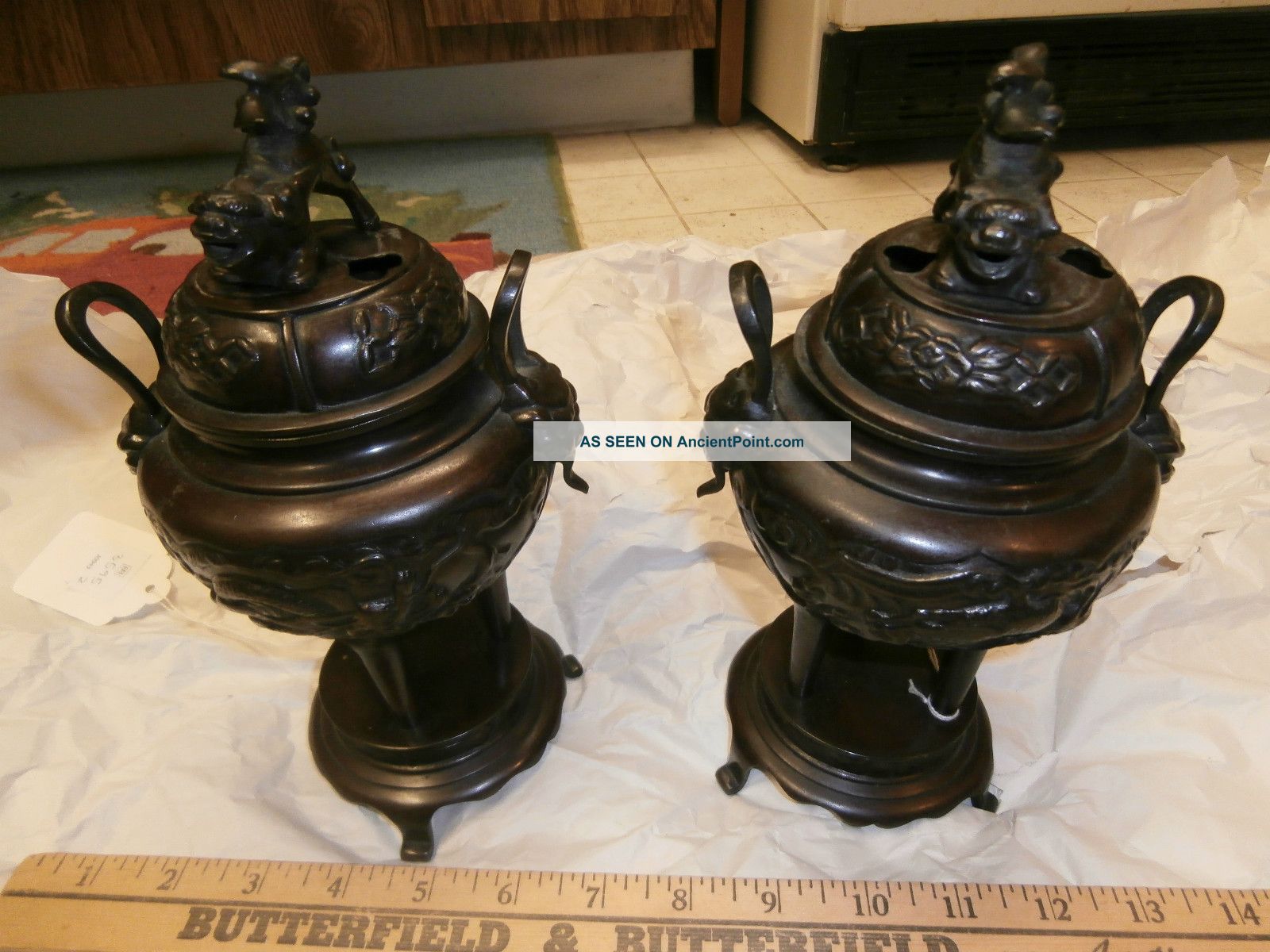 Pair Of Antique Patinated Bronze Tripod Censers; Late Meiji / Taisho Period Statues photo