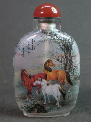 Chinese Horse Inside Hand Painted Glass Snuff Bottle:gift Box photo