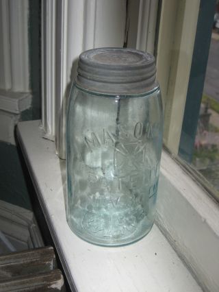 Vintage Masons Patent Nov.  30,  1858 & Cross Aqua Glass Quart Fruit Jar & Zinc Lid photo