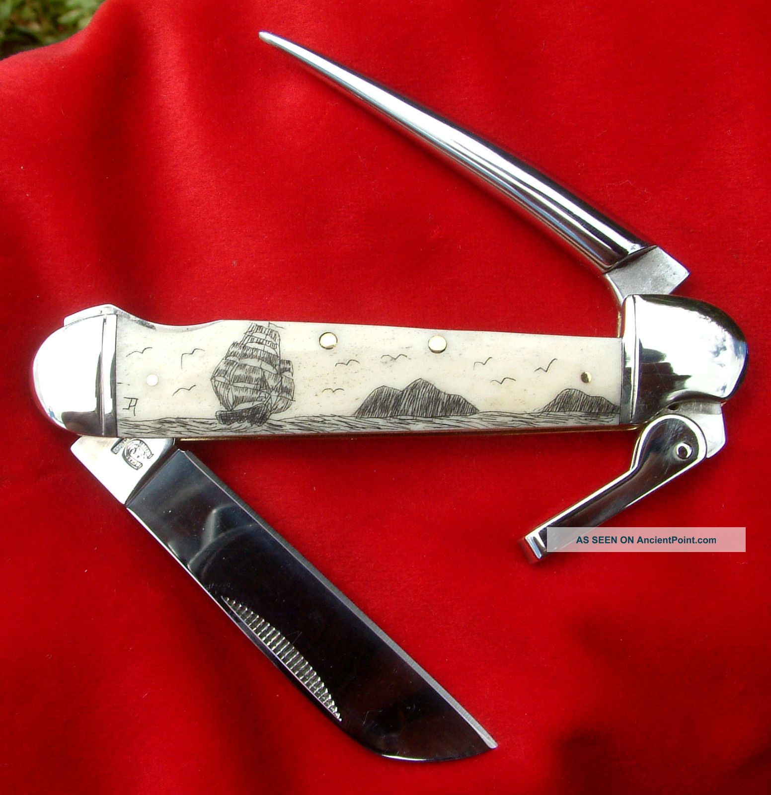 Scrimshaw Art,  Tall Ship,  Islands,  Marlin Spike Folding Knife/knives Scrimshaws photo