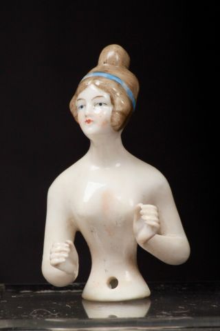 Rare Antique German Porcelain Half Doll Arms Away Pincushion Doll Blue Hair Band photo