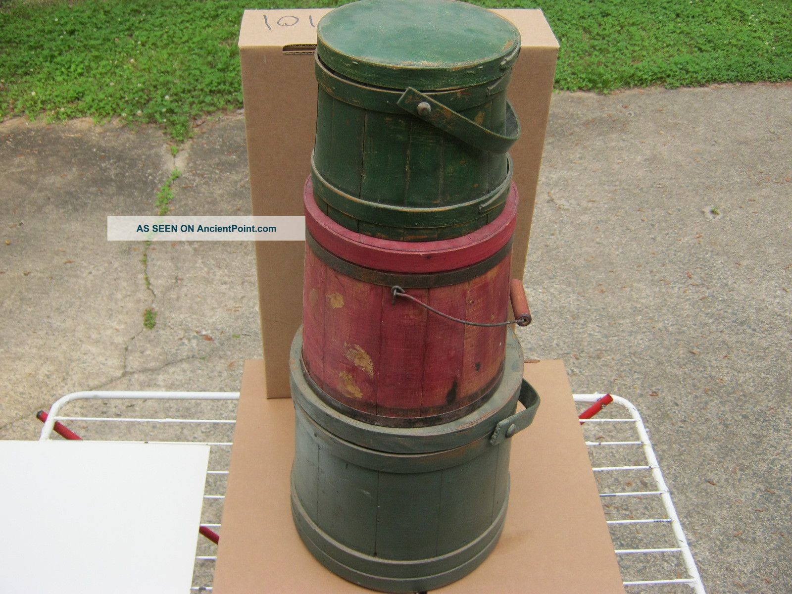 3 Old Painted Firkin - Sugar Bucket - Pantry Box - Wooden Primitives photo