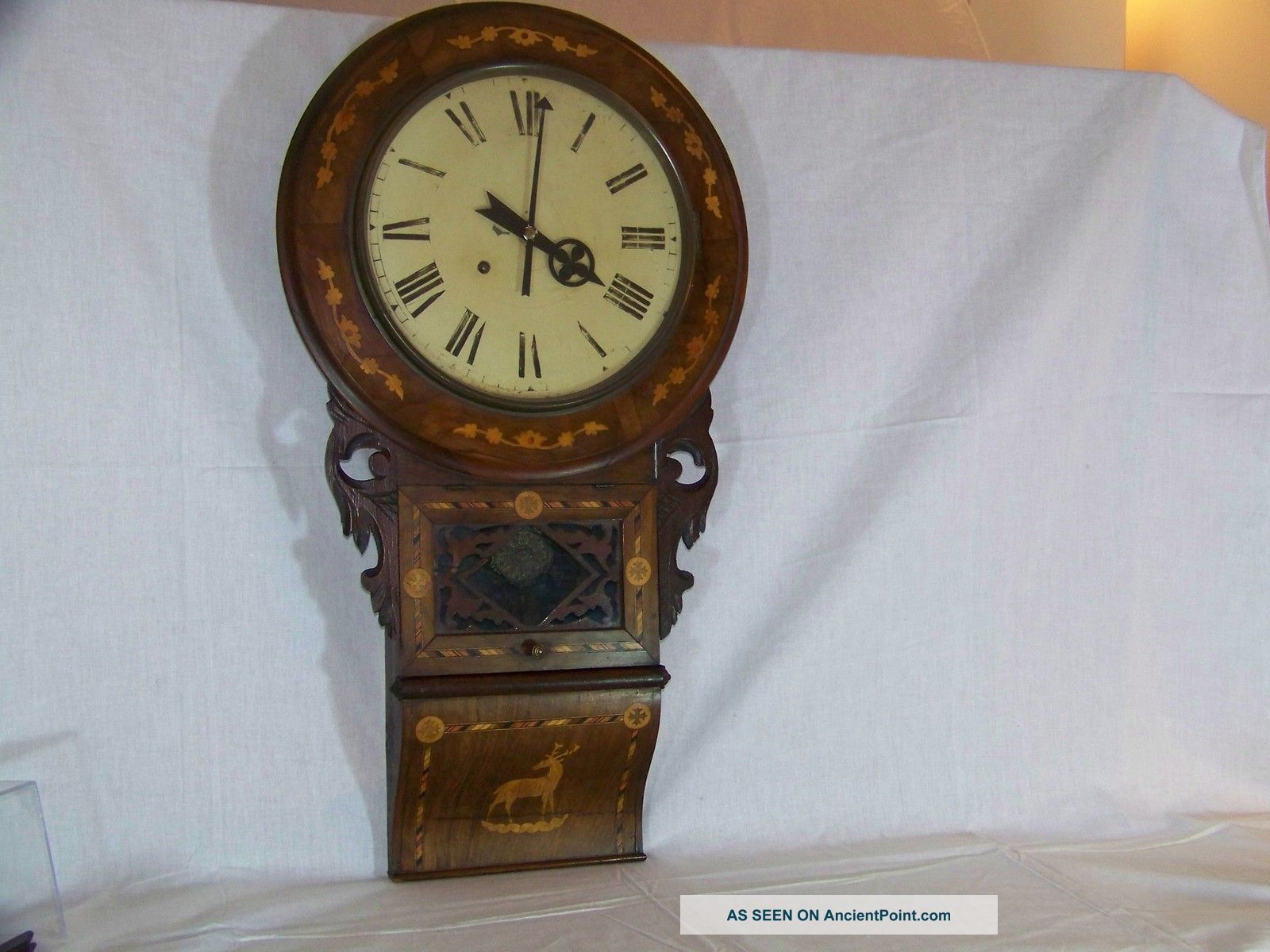 Antique Anglo American Marquetry Inlaid Mahogany Wall Clock 