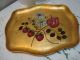 Toleware Tray Stawberries Daisies Signed Gold Background Fruit Motif Toleware photo 2