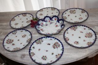 Antique Plates Bowl Asian Oriental 6 Dessert Plate Set Flow Blue Hand Painted photo
