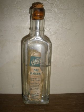 Antique ?aster? Brand Pure Glycerin Puritan Drug Cork Glass Apothecary Bottle photo