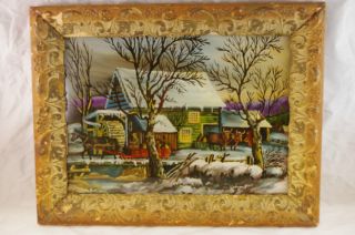 Antique Victorian Era Reverse Painting On Glass Winter Homestead Framed photo