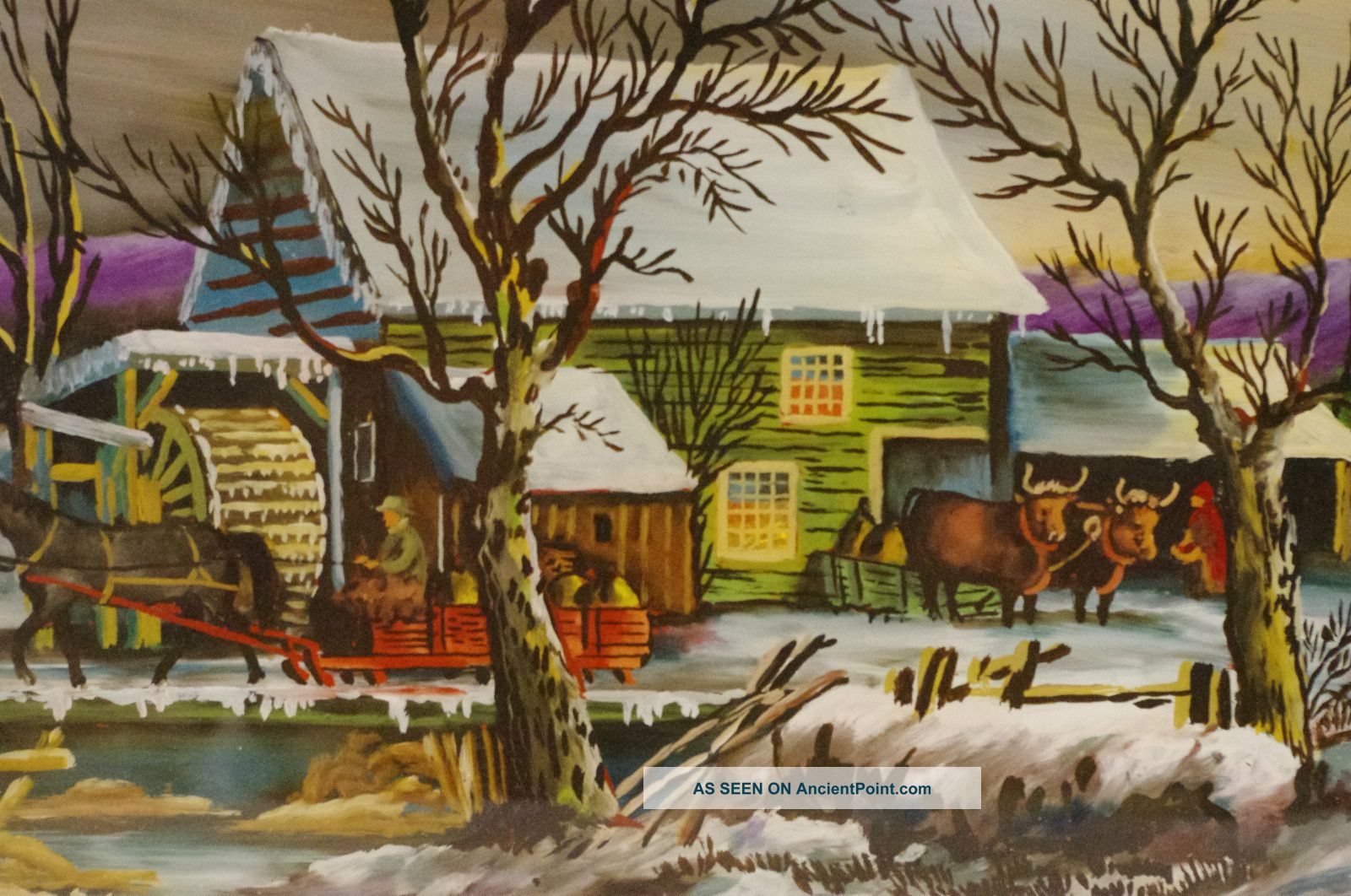 Painting Era Homestead  Glass Antique On glass Victorian Reverse painting on antique Winter